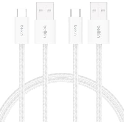 Belkin 2er-Pack geflochtenes USB-A auf USB-C Ladekabel, 1,5 m, 15W, biegsames, flexibles Schnellladekabel, USB-C kabel für iPhone 16 und 15, Galaxy S25, Pixel 9, iPad Pro usw. – Weiß