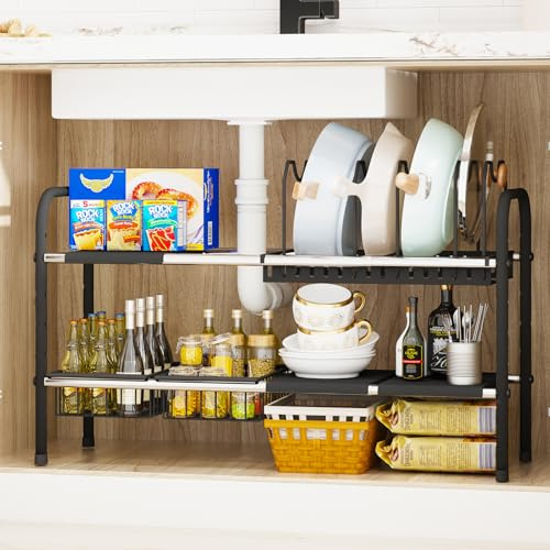 Mointal Lot de 2 Étagères de Cuisine Extensibles, Organisateur Modulaire pour Placard, sous-Évier & Plan de Travail, Largeur (48-88 cm) & Hauteur Réglable, avec 2 Porte-Couvercles & 4 Paniers, Noir