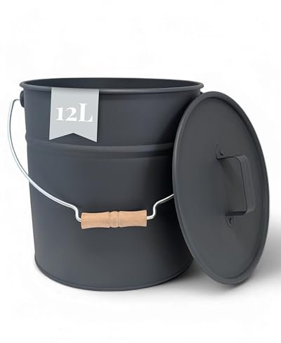 LIVLIG - Secchio per cenere con coperchio, 12 l, colore: grigio, esclusivo secchio zincato con coperchio per camini moderni, qualità premium dall'Europa, elegante accessorio per camini per conservare
