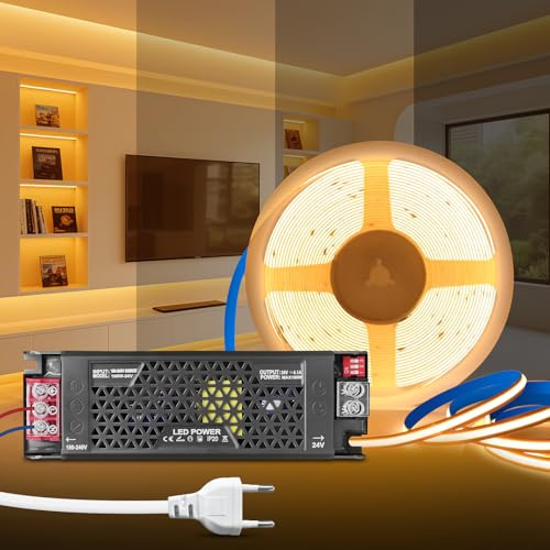 KSIBNW Tira LED COB 5M, 24V Autoadhesivo Luces LED Habitación Blanco Caldo 3000K Tira Luces Ancho 8mm Dimmable con Transformador 220V a 24V Regulable y Cable de Alimentación para Decoración Cocina