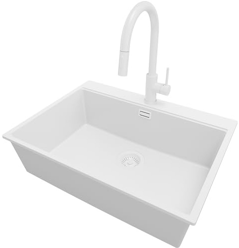 PRIMAGRAN Fregadero Granito al Mueble 70cm + Grifo, 68x50cm | Set: Grifo BW9010 + Kit de desagüe (sifón, válvula, rebosadero) + Oslo Top 1 Seno para Cocina, Todo Blanco