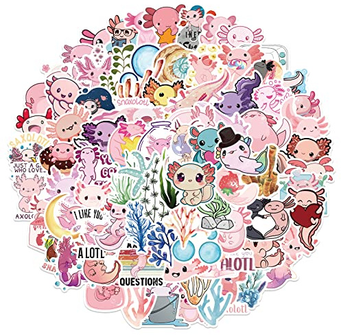 Axolotl Stickers 100Pcs, Cute Reptiles Sticker for Laptop Water Bottles Bike Skateboard Luggage Computer, Vinyl Waterproof Stickers DIY Decoration for Kids Girls Teens