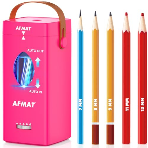 AFMAT Elektrischer Anspitzer, Tragbarer Elektrischer Spitzer für Dicke und Dünne Stifte 6.5-12mm, Bleistift Anspitzer mit Tragegriff für Zeichner, Schule, Arbeit, Büro,Lehrer, Rosa,PSC7