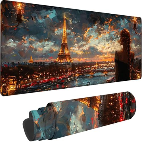 Tapis de Souris Gaming Gris, Grand Tapis de Souris XXL 900x300x3 mm, Tour Eiffel Mouse Pad pour Clavier et Bureau, avec Bords Surpiqués et Dos Antidérapant Mousepad for Gamer Bureau Decor, Cadeau 4-0