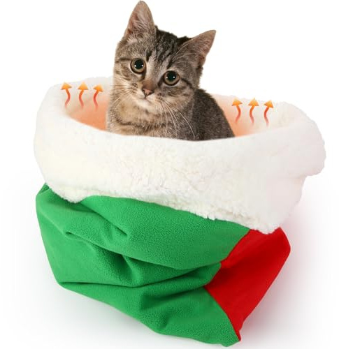 Clysee Self Heating Cat Sleeping Bag Indoor Cats, Christmas, Red and Green