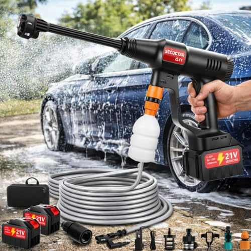 Cordless Pressure Washer Battery Powered, 1500 PSI Portable Handheld Pressure Washer with 2*4000mAh Batteries, 6-In-1 Nozzle, 3 Power Level & 23FT Hose for Cars, Patios, Floor, Fence & Wall Cleaning