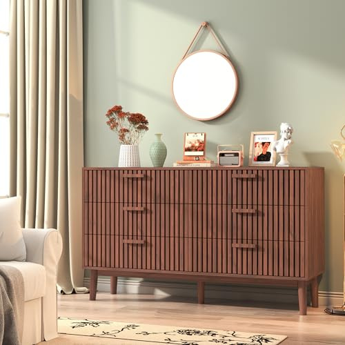 WOBOPCG Commode 6 Tiroirs,Armoire à Tiroirs en Bois Massif Meuble à Tiroirs Rangement Buffet Bas Meuble à Tiroirs Rotin Commode Chambre Table de Chevet Buffe Bois (Couleur Bois de Noyer, 6 tiroirs-2)