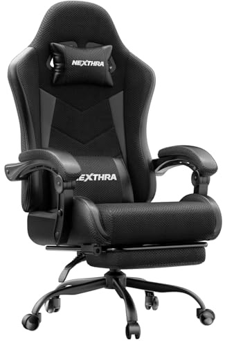 Nexthra Gaming Stuhl Bürostuhl Gaming Sessel mit höhenverstellbaren Linkage-Armlehnen, ergonomischer Gamer Stuhl mit Fußstütze, gepolstert Gaming Chair 150° neigbar bis 180 kg, Schwarz