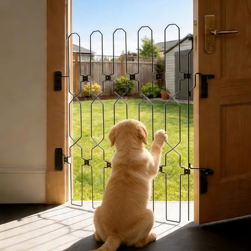 Dog Gate, 66 x 78 cm Retractable Metal Stair Gate for Dogs Stair Gates for Dogs with Large Hollow Design Black Foldable Dog Gates Indoor for Front Doors Kitchens Bedrooms and Motorhomes