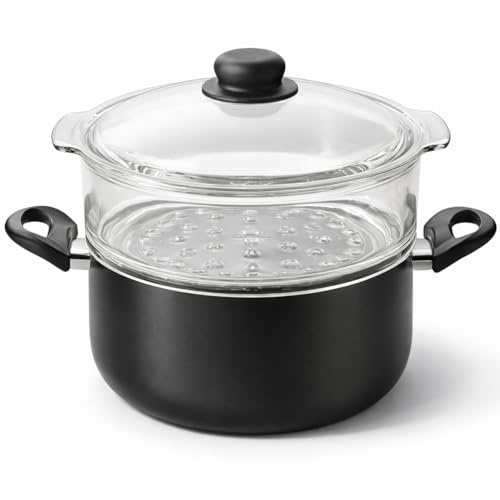 BAKAJI Casseruola con Vaporiera in Vetro con Pentola in Alluminio Resistente e Antiaderente, Inserto Forato in Vetro Sovrapponibile, Pentola Corpo Anti Graffio e Maniglie Ergonomiche (24 cm)