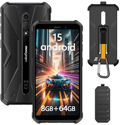 Ulefone Armor X12 Pro Android 15 Teléfonos móviles irrompibles, 8 GB RAM + 64 GB ROM/SD 256GB, móvil rugerizado 8MP+13MP, 5,45 Pulgada batería 4860mAh, 4G Dual SIM/NFC/GPS/IP69K Negro