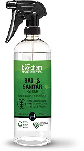 bio-chem Bad- und Sanitärreiniger - 750 ml - Badreiniger Spray, WC-Reiniger, Kalkentferner mit Lotuseffekt, Kalkreiniger für Bad, Dusche, WC, Spülbecken u.v.m.