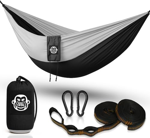 Monkey Swing Hängematte Ultraleicht inkl. Karabiner & Schwerlastgurten (bis 300  kg belastbar, 275 x 140 cm) – ideal für Camping, Outdoor, Trekking & als Reisehängematte (Schwarz/Weiss)