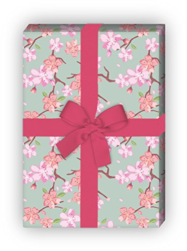 Kartenkaufrausch Grünes Frühlings Geschenkpapier Set mit japanischer Kirschblüte als edle Geschenk Verpackung, Designpapier, 4 Bögen, 32 x 48cm Dekorpapier, Musterpapier zum Einpacken