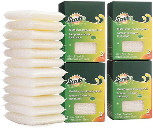 Scrub-It 12 Multi-Purpose Scouring Pads Non- Scratch Cleaning for Pots, Pans, Dishes, Utensils & Non-Stick Cookware - Use for Kitchen, Bathroom & More, 4 Pack (x3) Total 12