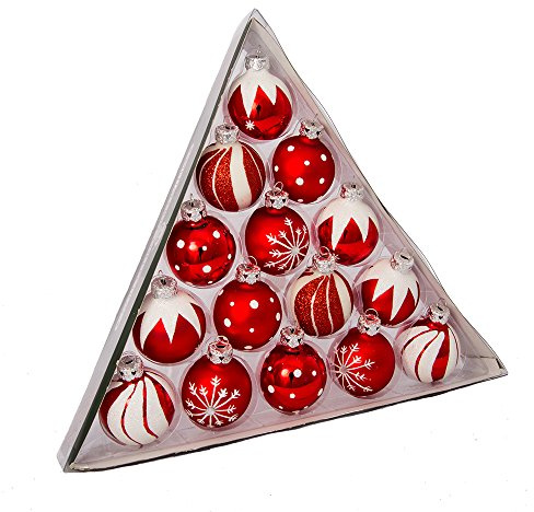 Kurt Adler 1.57-Inch Red/White Decorated Glass Ball Ornament Set of 15
