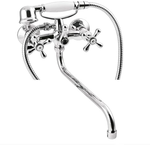Cruz Chrome llenador del baño + ducha cabeza del grifo montado en la pared, caño 30cm