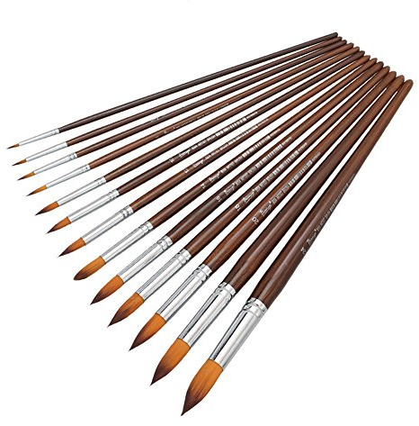 Kcopo Multifunktionales Pinsel Set - 12 Stück Holz Nylon Artist Paint Brushes für Kunst Malerei, Aquarell, Gouache, Acryl und Ölgemälde - Braune Farbe