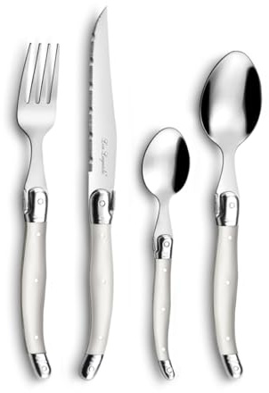 Lou Laguiole Steakbesteck TRADITION, Besteck, Edelstahl mit farbigen Kunststoffgriffen, perlfarben, für 12 Personen, 48-teilig
