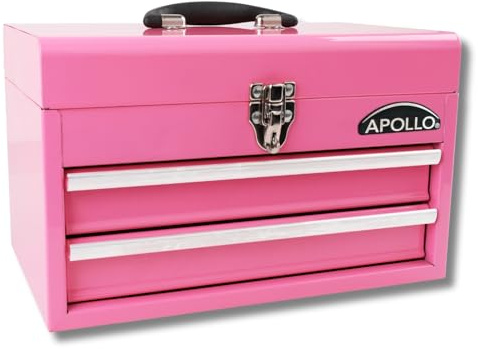Apollo Tools 14 Inch Steel Tool Box with Deep Top Compartment and 2 Drawers in Heavy-Duty Steel With Ball Bearing Opening and Powder Coated Finish - Pink Ribbon - Pink - DT5010P