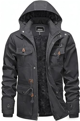 KEFITEVD Winterparka Herren Fleece Gefüttert Winterjacke mit Viele Taschen | Verdickte Thermo Gefütterte,Baumwoll Winterparka,mit Abnehmbarer Kapuze,Fellkapuze Winddichte,Outdoor Winterjacke