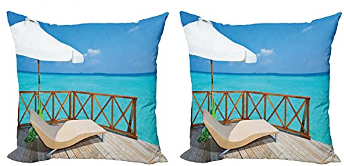 Lunarable Coastal Decorative Throw Pillow Case Pack of 2, Parasol and Chaise Lounges and Deckchair on Terrace of Water Villa Maldives, Couch Bedroom Living Room Cushion Cover, 24, Aqua White Tan