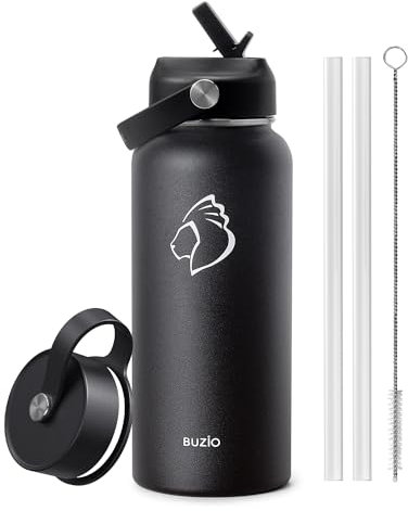 Borraccia Termica 1 litro, BUZIO Borraccia Termica con Cannuccia 946 ml fredda per 48 ore Borraccia 1 litro Termica, Nero