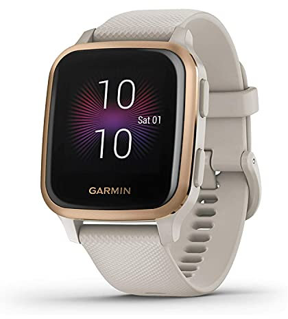 Garmin Venu Sq Music, GPS Smartwatch with Bright Touchscreen Display, Features Music and Up to 6 Days of Battery Life, Rose Gold with Tan Band (010-02426-01)