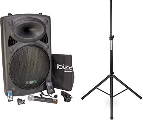 Ibiza Light & Sound PORT15UHF-BT Mobile Sound 15 Zoll, 800 W Beschallungsanlage/DJ Box mit Bluetooth & Pronomic SPS-1A Boxenstativ Alu (Boxenstativ aus Aluminium, 125-185 cm) schwarz
