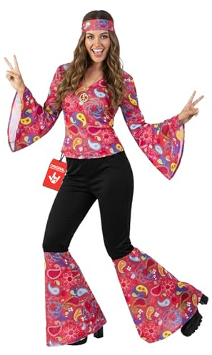 Morph 70er Jahre Outfit Damen, Hippie Halloween Kostüm Damen | Paisley-Oberteil, Schlaghose & Stirnband, Flower-Power-Look, Zum Überziehen, Perfekt für Halloween, Ideal zum Verkleiden