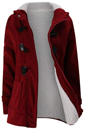 JiangWu Womens Fashion Horn Button Fleece Thicken Coat with Hood Winter Warm Jacket (X-Large, Wine-red)