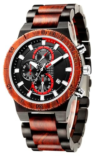 RORIOS Orologio Uomo in Legno Impermeabile Analogico Al Quarzo Orologio Cronografo da Polso in Legno Naturale Orologio da Uomo