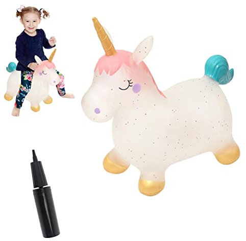Hüpftier Einhorn, Hüpfpferd Einhorn mit Pumpe, Aufblasbare Tiere Spielzeug Bouncy Aufsitzspielzeug Hüpfspielzeug für Kinder Jungen Mädchen Geschenke