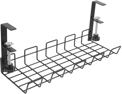 Cabilock Under Desk Storage Cable Rack No Drill Cable Tray Under Desk Cable Management Tray with Long Arm Clamp, Easy Inward Or Outward, Carbon Steel, Keeing, Fits Most Tables