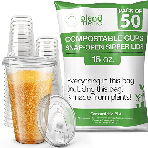 The blend friend [16oz, 50 pack] Compostable Cups with Lids – Eco plant based cups with strawless snap-fit sipper lids- Green Eco Friendly Alternative to Clear Plastic Cups with