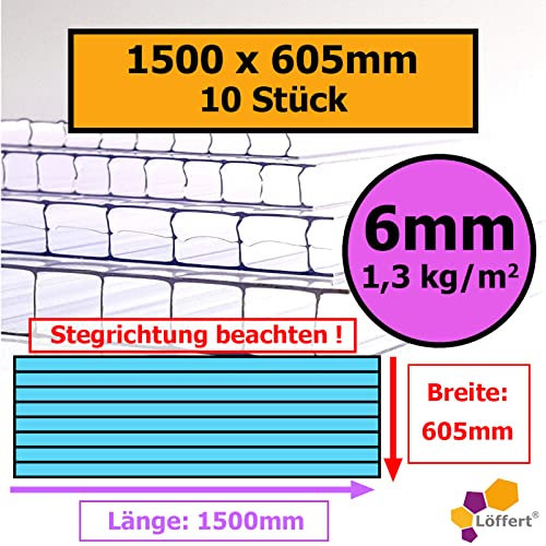 6mm | 10 Stück | 1500x605mm | Löffert® Gewächshausplatten | 1300g/m² Polycarbonat | Stegplatte | 4mm 6mm 8mm 10mm | alle Standard-Größen