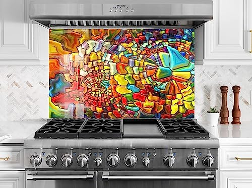 Myphotostation.com 35.4Wx14H''Tempered Glass Wall Protection Kitchen Backsplash Mosaic Splashback Kitchen Decoration Bathroom Backsplash Stained Backsplash Tile Solid