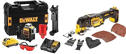 DeWalt - Laser Multilignes 3x360° 12V Li-Ion 2Ah - Niveau Laser Autonivelant 4° sans Fil avec Faisceaux Rouges & Outil Oscillant Multi Cutter 18V Sans Fil Brushless - Livré avec Jeu d'Accessoires