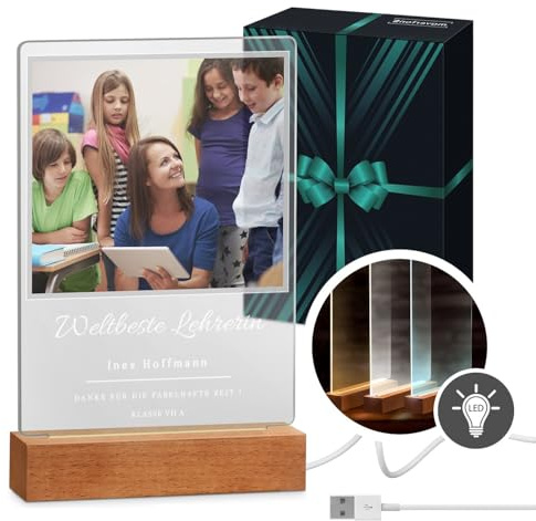 Maverton beleuchteter LED-Rahmen mit eigenem Foto - personalisiertes Acrylglasbild mit Holzständer mit LED-Beleuchtung - Glasfoto für Frauen zum Geburtstag - Größe: 15x24x4,5cm - Danksagung