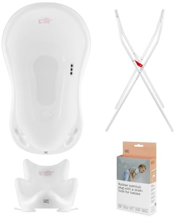 Hylat Baby Set: Baby Badewanne mit Thermometer, Ständer & Stöpsel, Badewannensitz, Ablaufschlauch - stabil und bequem - für Neugeborene und Babys