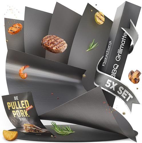 Rawford Premium Grillmatte Gasgrill (5 Stück) - BBQ Grillmatte & Grillfolie für Gasgrill - Grillmatten für Holzkohle, Elektro & Backofen – PTFE Grill Matte als Backmatte & Grill Matten Gasgriller