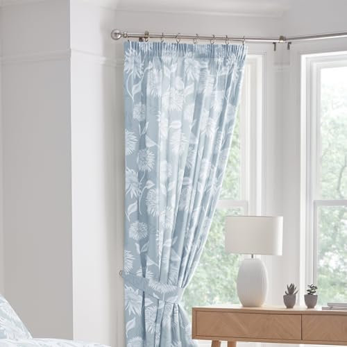 Dreams & Drapes Blue Chrysanthemum Drapes – W66 x L72 (168x183cm) – 2 Panels with Tie Backs – Vintage Floral Pencil Pleat Window Dressing – Botanical Print for Bedroom/Living Room – Classic Style