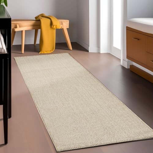 HomebyHome Teppich 80x250 cm Beige, Langer Schlingenflor Läufer für Flur oder Küche, Einfarbig & Pflegeleicht, Weich & Modern