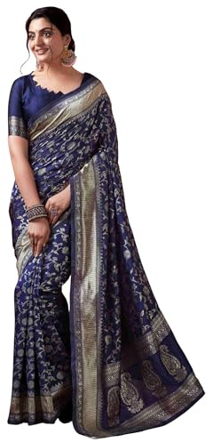 Sugathari Sari Banarasi Sari de seda pura Kanjivaram para mujer, diseño 2023, diseño de pattu, últimas colecciones de sari de fiesta con blusa para sadi de boda (SAN PARI-182 verde oscuro), Azul