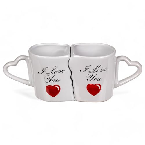 MIJOMA Set di 2 tazze da caffè I love you, romantiche, a forma di cuore, perfette per coppie, in gres, 300 ml, bianco, MIJ-411085