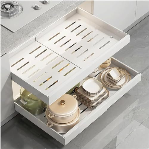 WENNEWU Teleskopschublade, Einstellbare Breite, KüChenorganisation, Ausziehbare KüChenschublade, KüChenschrank-Ausziehbare Schublade, Kein Bohren Und Nageln Erforderlich,White s,2PCS