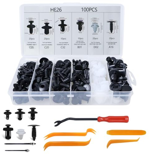 Prebarfun 100 Pcs Rivetti in Plastica per Auto, Clip di Fissaggio Auto Universali Carrozzeria Set in 6 Modelli, Clips Pannelli Auto con Strumenti Rimozione Fissaggio e 10 Fascette