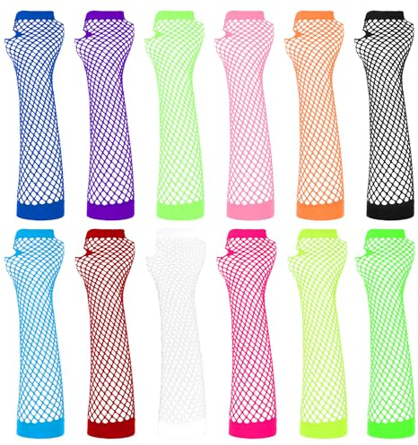 12 Pairs Neon Fishnet Gloves Long Fingerless Fishnet Arm Sleeves for Cosplay Halloween Party Scene Clothes for Women and Girls 80s Party Costume Accessories Supplies (12 Colors)