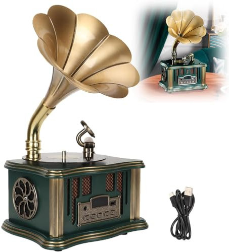 Giradischi Fonografico Retrò Altoparlante Bluetooth, Tipo C Grammofono Vintage Nostalgico Ricaricabile Altoparlante Bluetooth 5.0 Senza Fili con Radio FM per L'arredamento Della Casa e Del ,Green