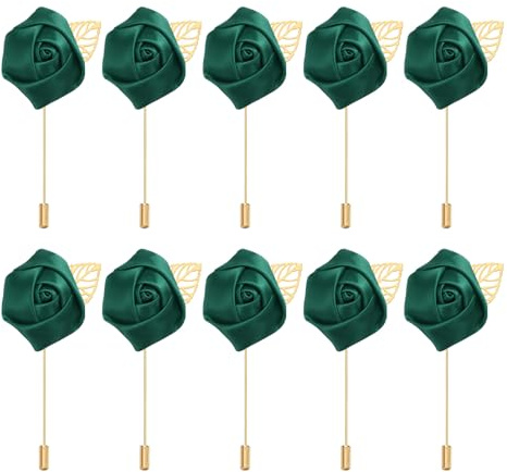 PATIKIL Rosenanstecker, 10er Pack Bräutigam Hochzeitsanstecker Tasche Handgemachte Blumen Reversnadel Anstecker für Männer Hochzeitszeremonie Party Prom, Dunkelgrün | Bräutigam Hochzeitsanstecker Tasche Handgemachte Blumen Reversnadel Anstecker, Party Prom